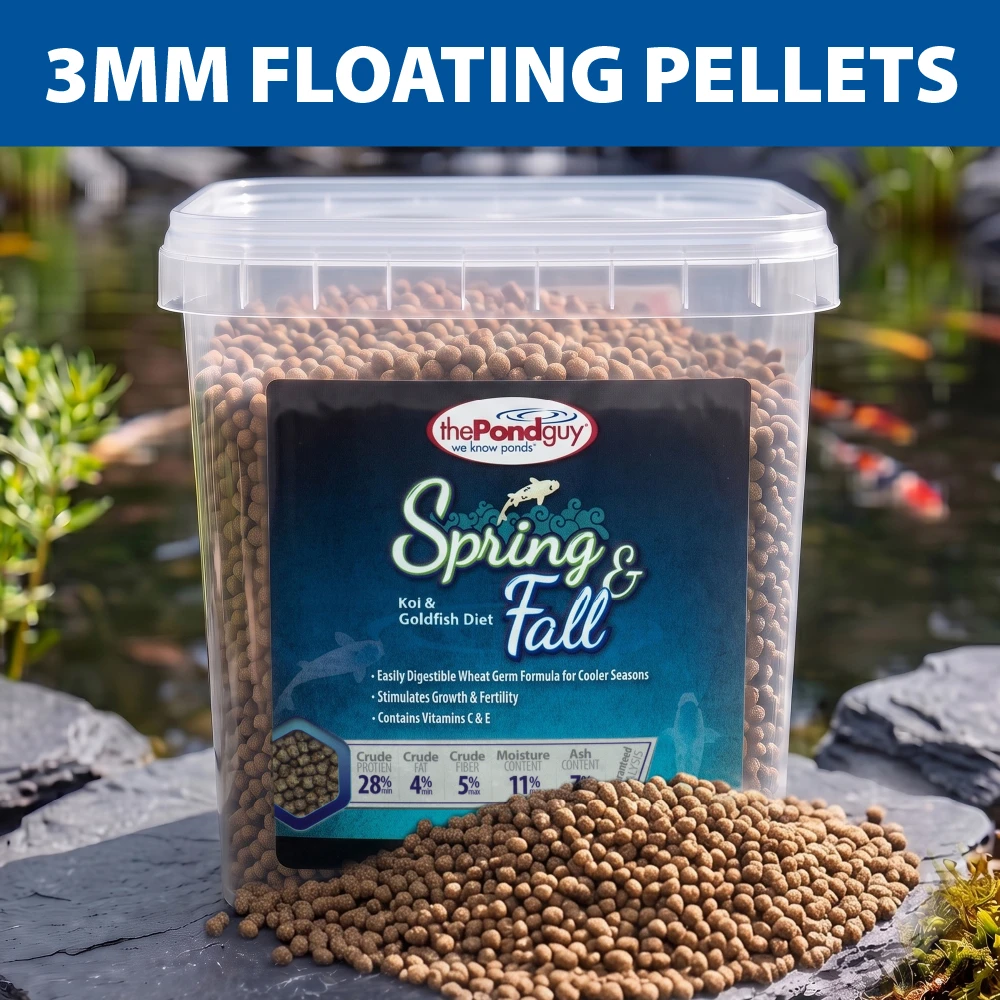 The Pond Guy Spring & Fall Koi & Goldfish Diet tub with 3 mm floating pellets displayed in front for an easy visual size reference.