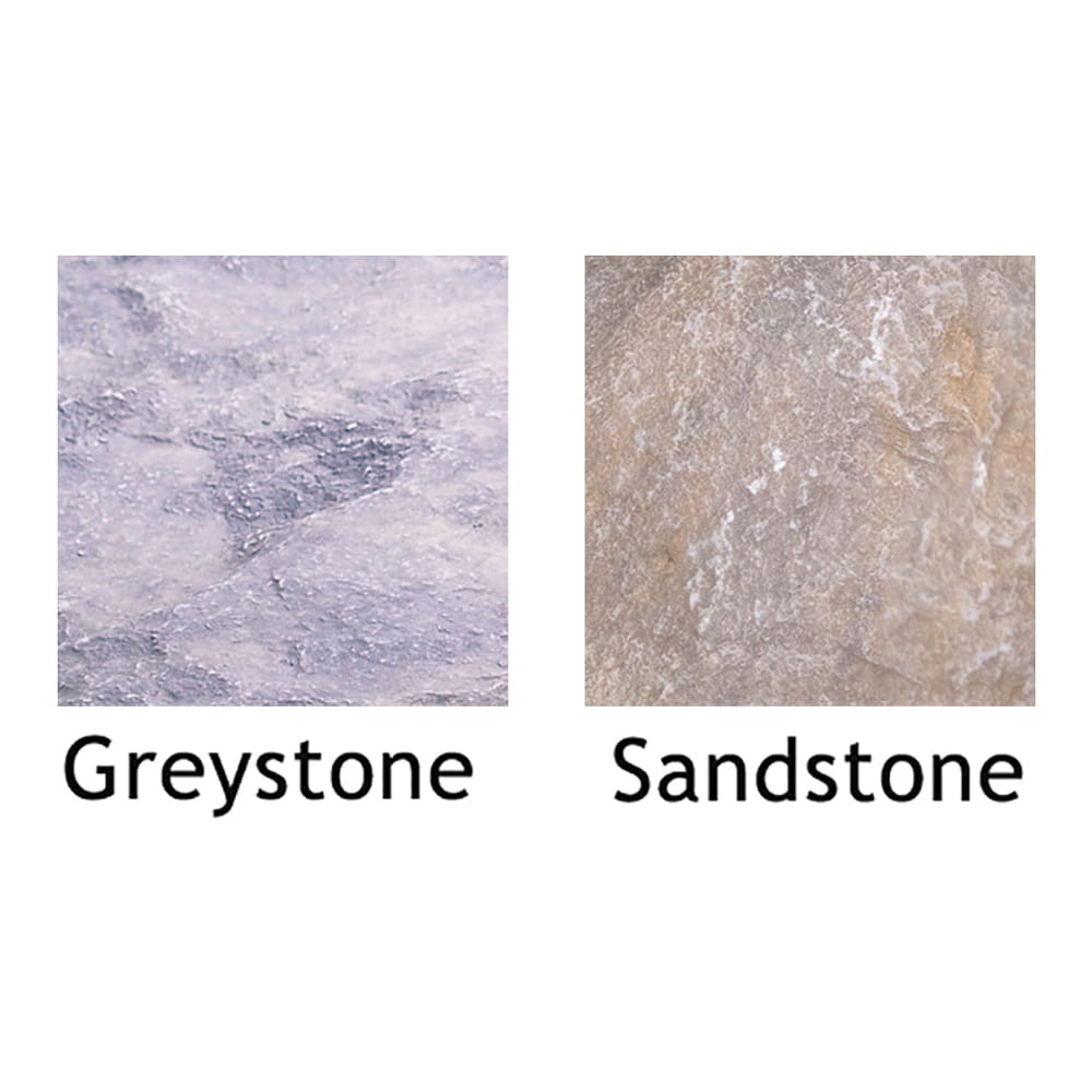 Greystone close-up, a blueish-gray coloration; and Sandstone close-up, a ruddy-beige coloration.
