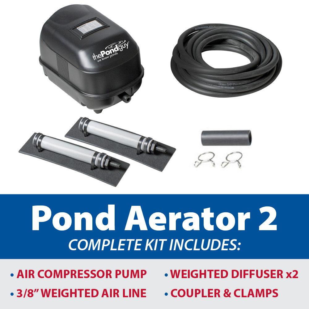 Pond aerator 2 complete kit includes: air compressor pump, weighted diffuser x2, 3/8” weighted airline, coupler & clamps.