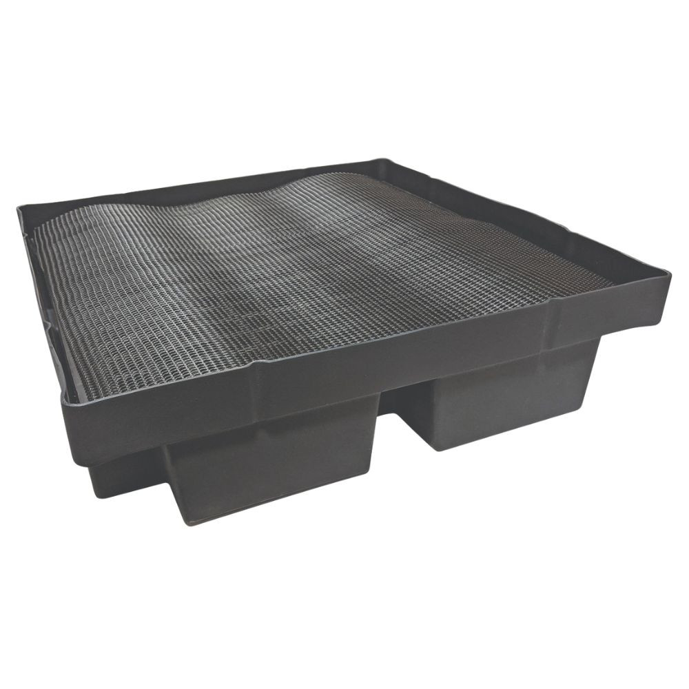Top view of Blue Thumb 2x2 Fountain Basin with heavy-duty grate and protective screen installed, designed for supporting fountain features.