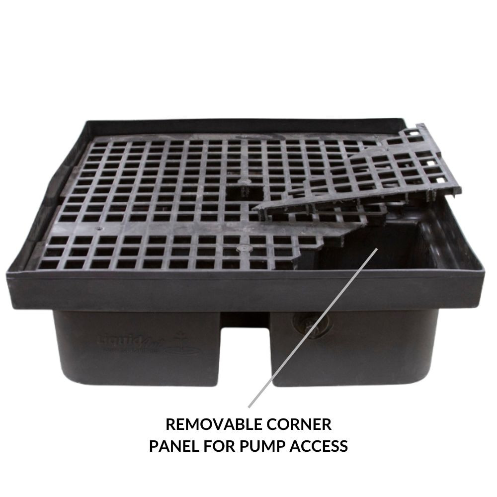 Blue Thumb 2x2 Fountain Basin with black grate featuring a removable corner for easy access to the pump and reservoir area.