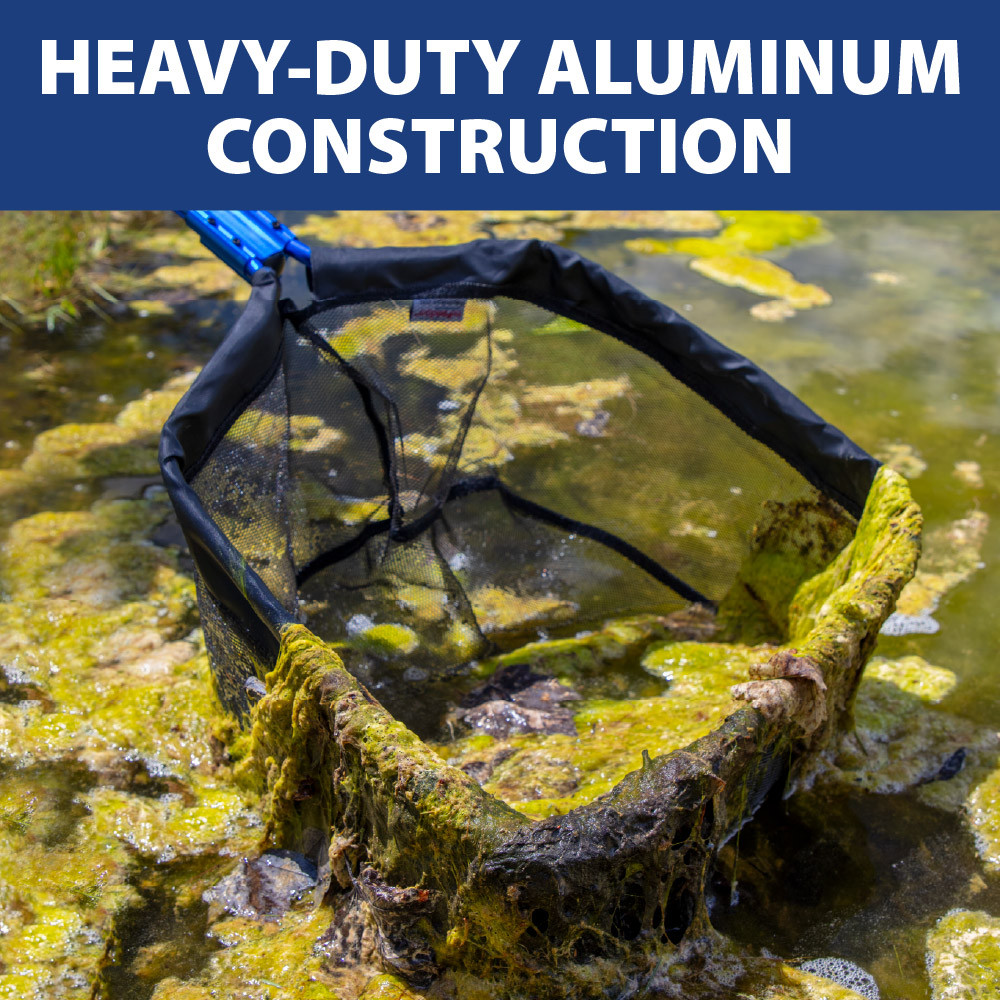 Durable aluminum pond net removes heavy algae and debris while providing strength and reliability for pond maintenance.