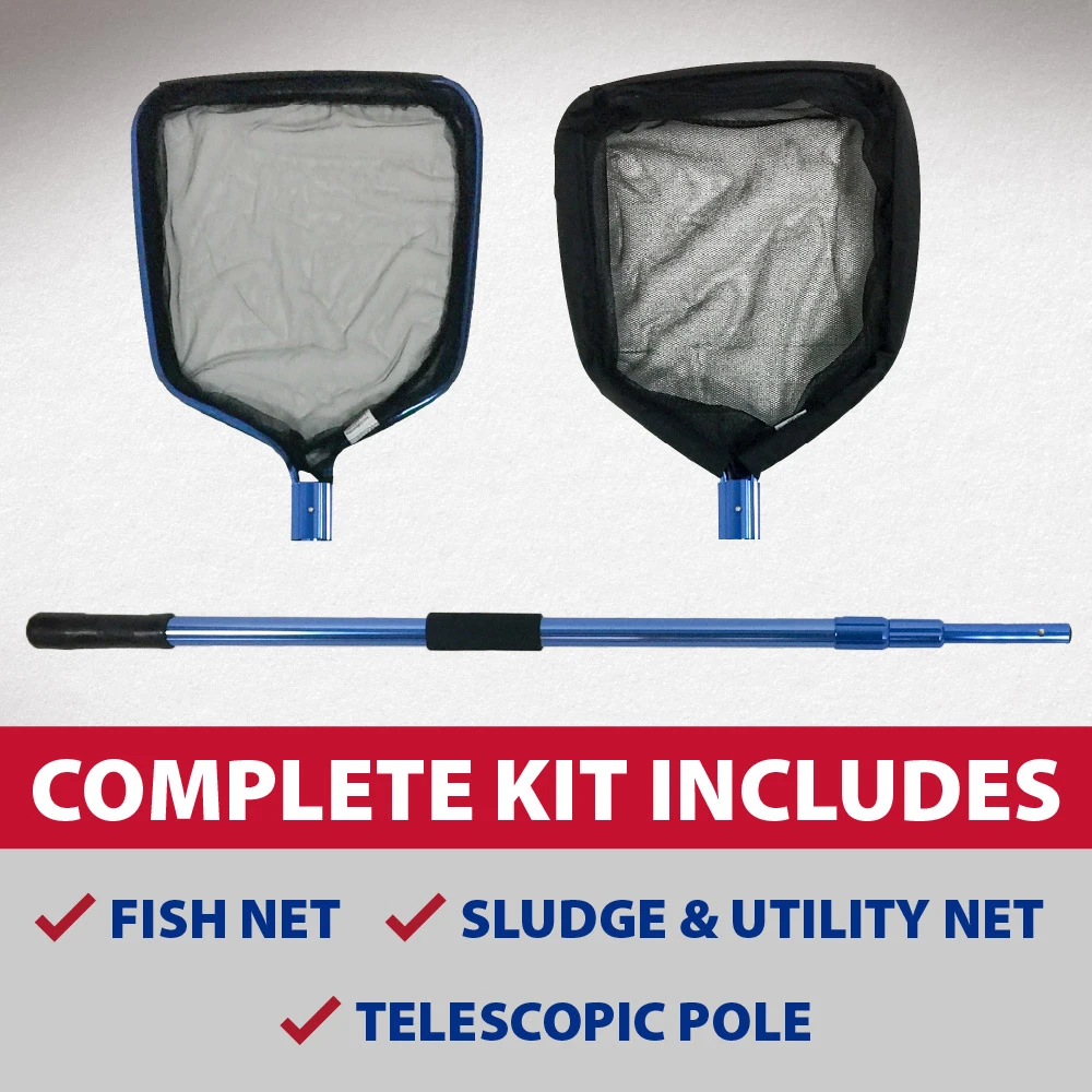 Pond net kit includes fish net, sludge and utility net, plus telescopic aluminum pole for complete pond maintenance.