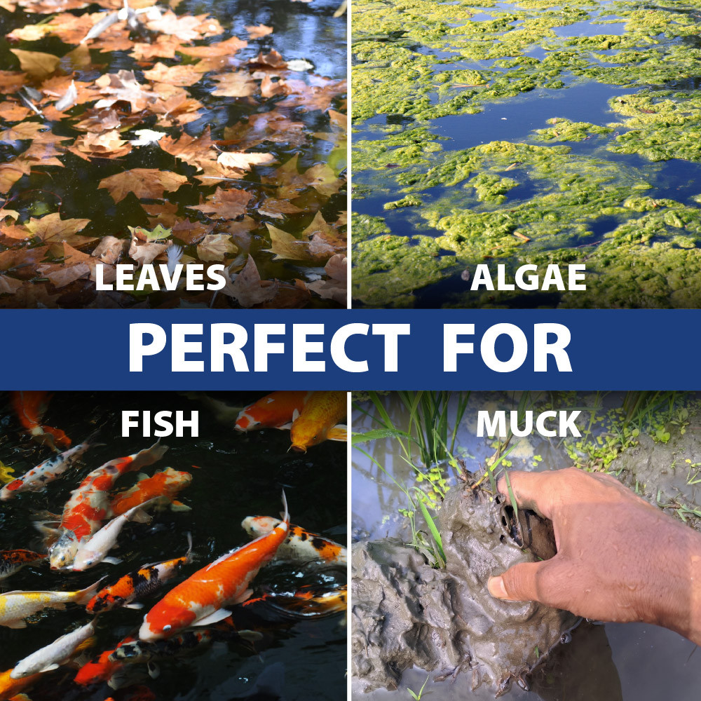 Multi-purpose pond net designed for removing leaves, algae, muck, and handling fish during routine pond maintenance tasks.