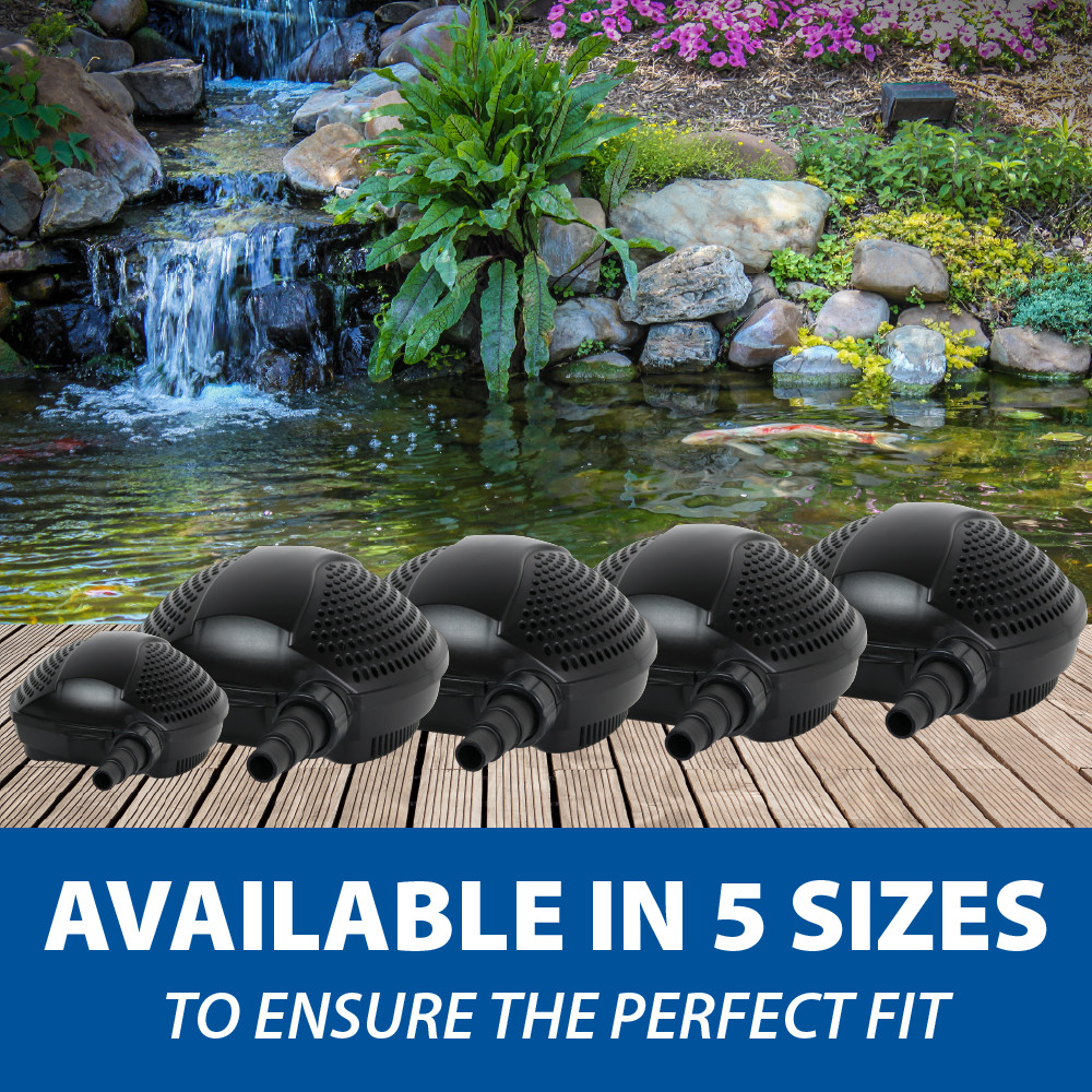 The complete lineup of SolidFlo G2 sizes next to a water garden, with text: “Available in 5 sizes to ensure the perfect fit”.