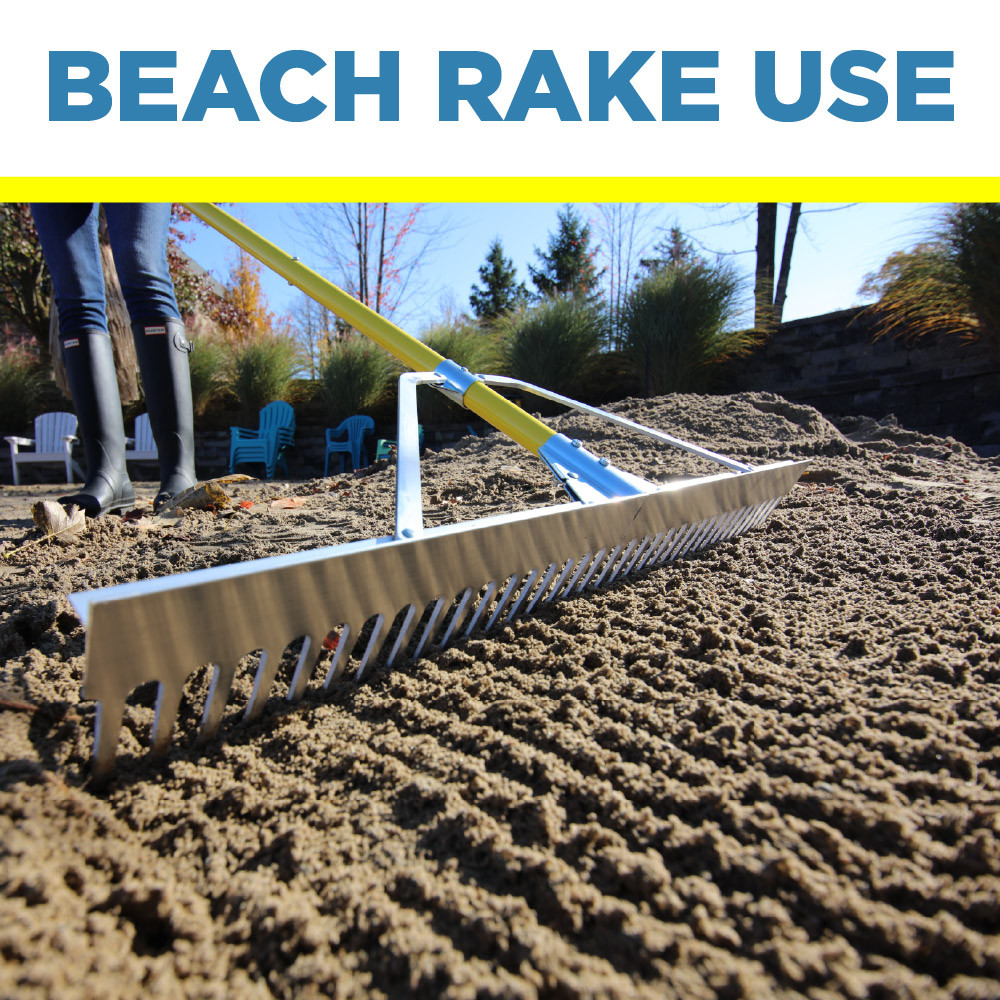 Jenlis Razer Rake used on sandy beach shoreline to level and groom sand, demonstrating use for maintaining clean waterfront areas.