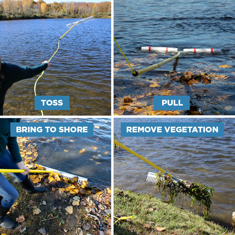 Step-by-step images showing Jenlis Razer Rake tossed into pond, pulled with rope, and used to drag aquatic weeds from water to shoreline.