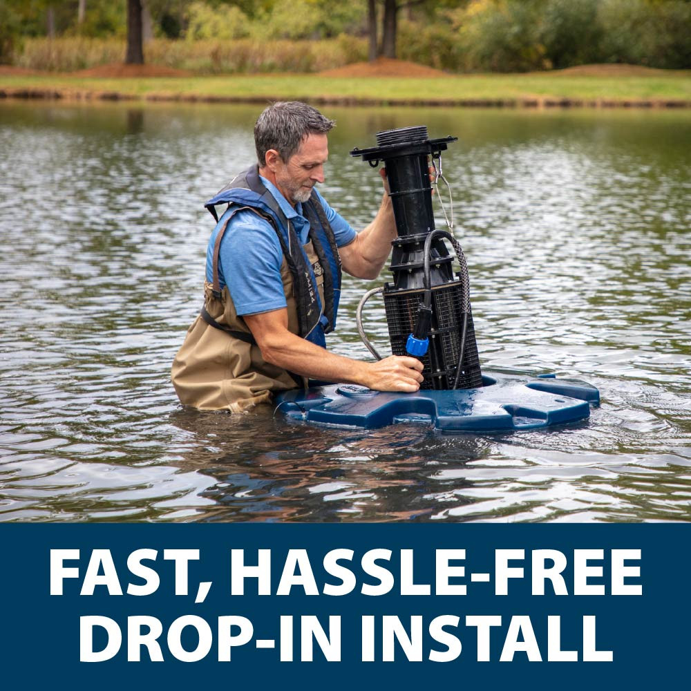 A solo person installing the PondSeries fountain, with text: 