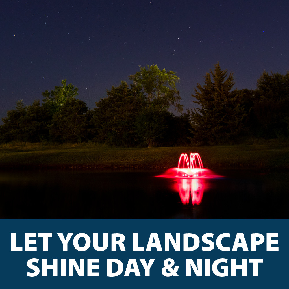 Airmax EcoSeries fountain at night, illuminated in red, with text: Let your landscape shine day & night”.