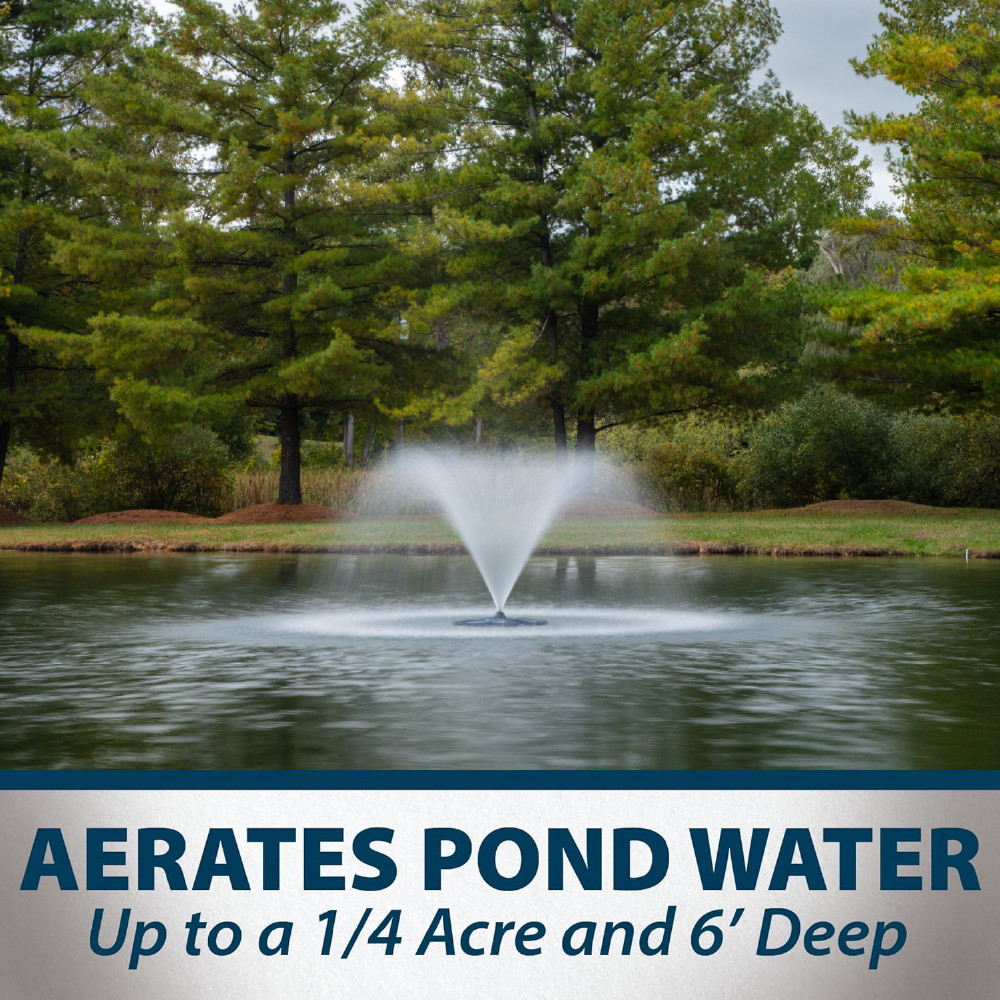 Airmax EcoSeries with classic spray pattern, with text: “Aerates pond water up to ¼ acre and 6’ deep”.