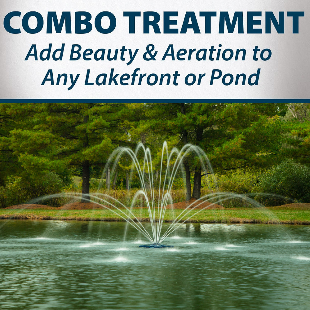 Airmax EcoSeries Fountain with premium double arch spray pattern, with text: “Combo treatment – add beauty & aeration to any lakefront or pond”.