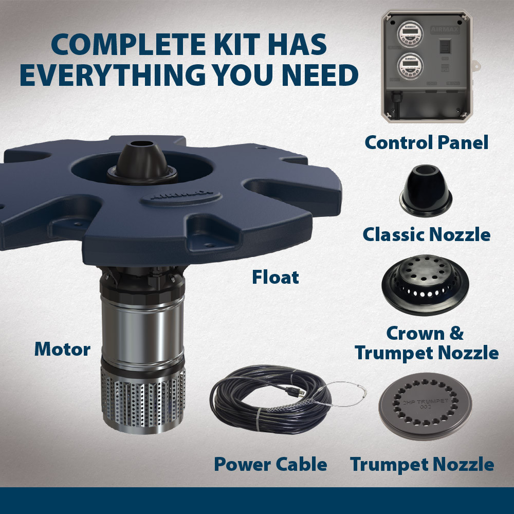Airmax EcoSeries Pond Fountain components, with text: “Complete kit has everything you need – motor, float, power cable, control panel, classic nozzle, crown