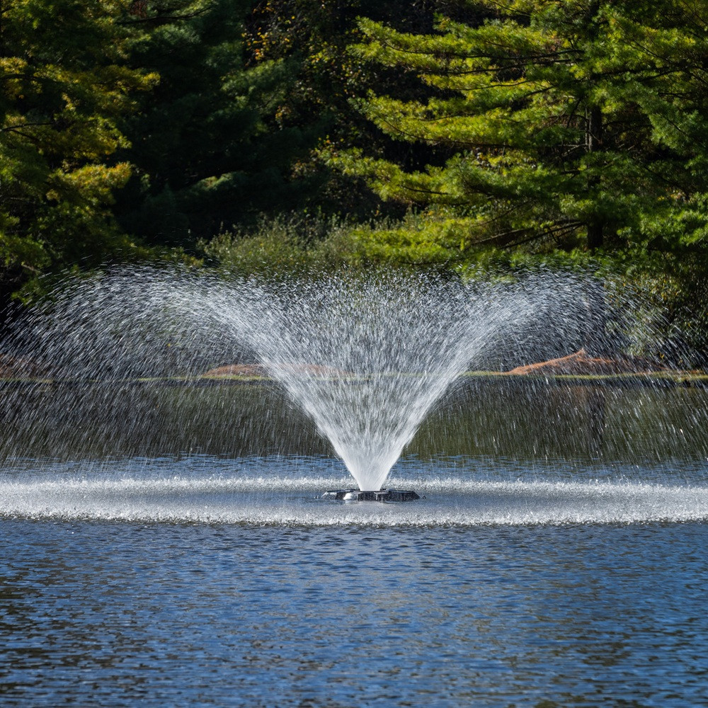 1/2 HP aerating fountain creating wide spray pattern across pond, improving water circulation, oxygen levels, and overall pond health in natural setting.