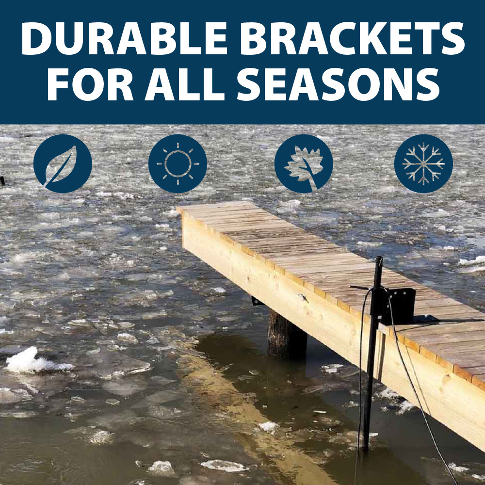 A narrow dock equipped with a mounted Ice Eater surrounded by broken ice chunks, with text & 4 seasonal icons: “Durable brackets for all seasons”.