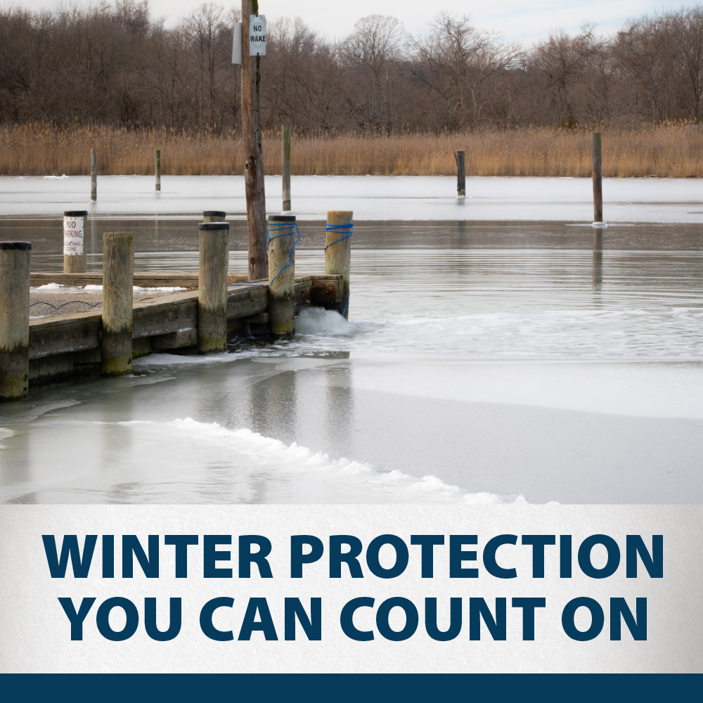 An ice-free dock with text: Winter protection you can count on