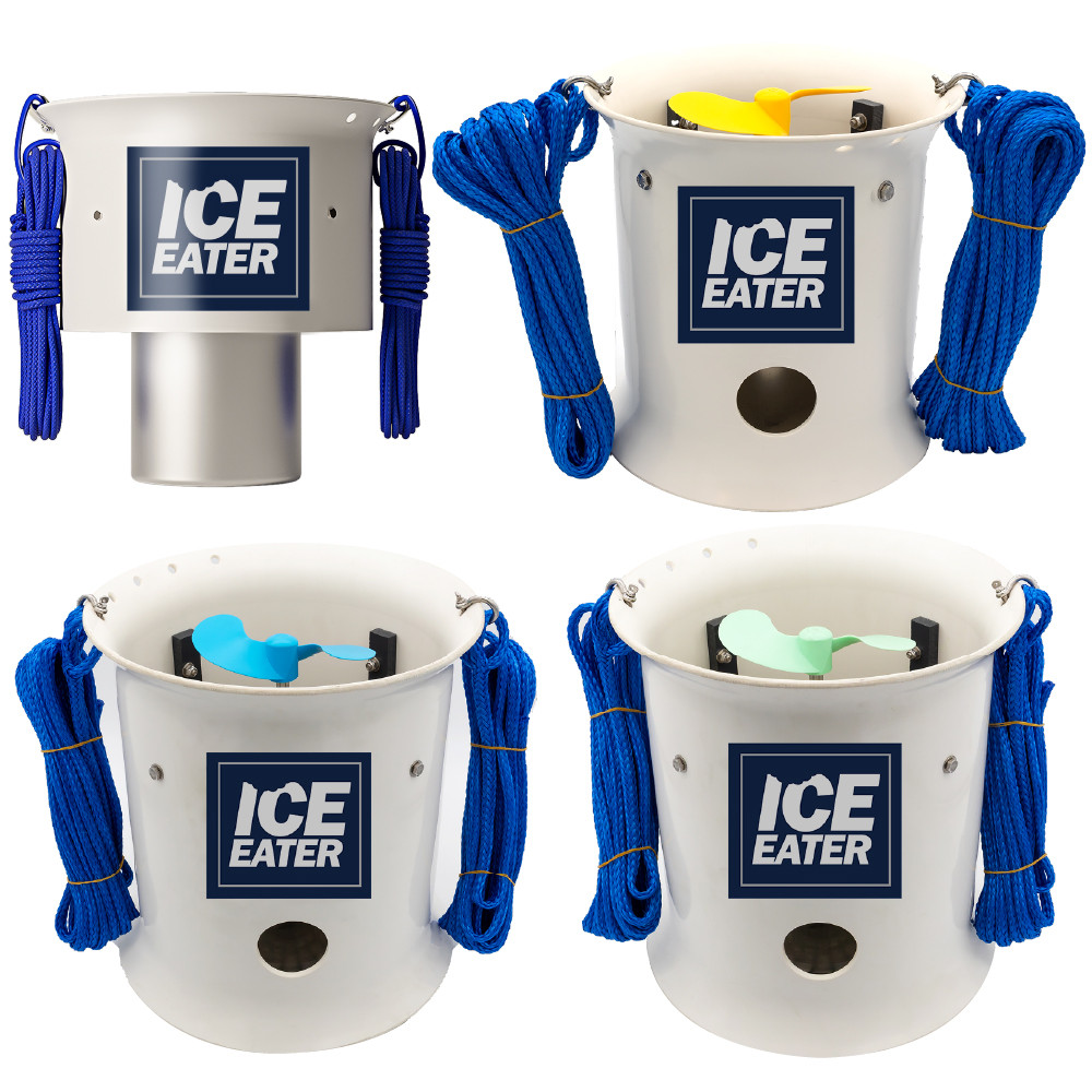 A group of blue and white Power House Ice Eater units.