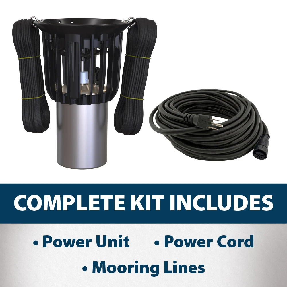 Airmax Ice Eater complete kit shown with power unit, bundled mooring lines, and power cord for installation in docks, marinas, and waterways.