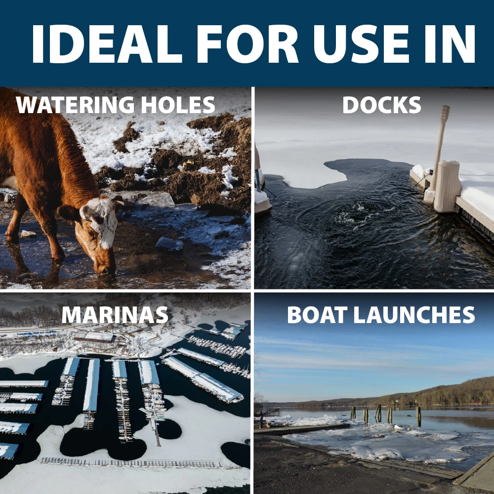 Collage showing Airmax Ice Eater applications in winter, including watering holes, docks, marinas, and boat launches with open water.