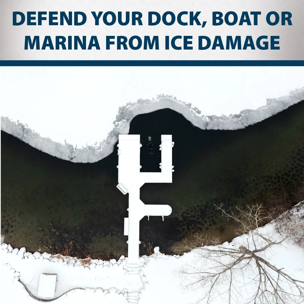 Overhead winter view of a dock surrounded by open water as an Airmax Ice Eater helps protect the dock, boat area, and marina from ice.