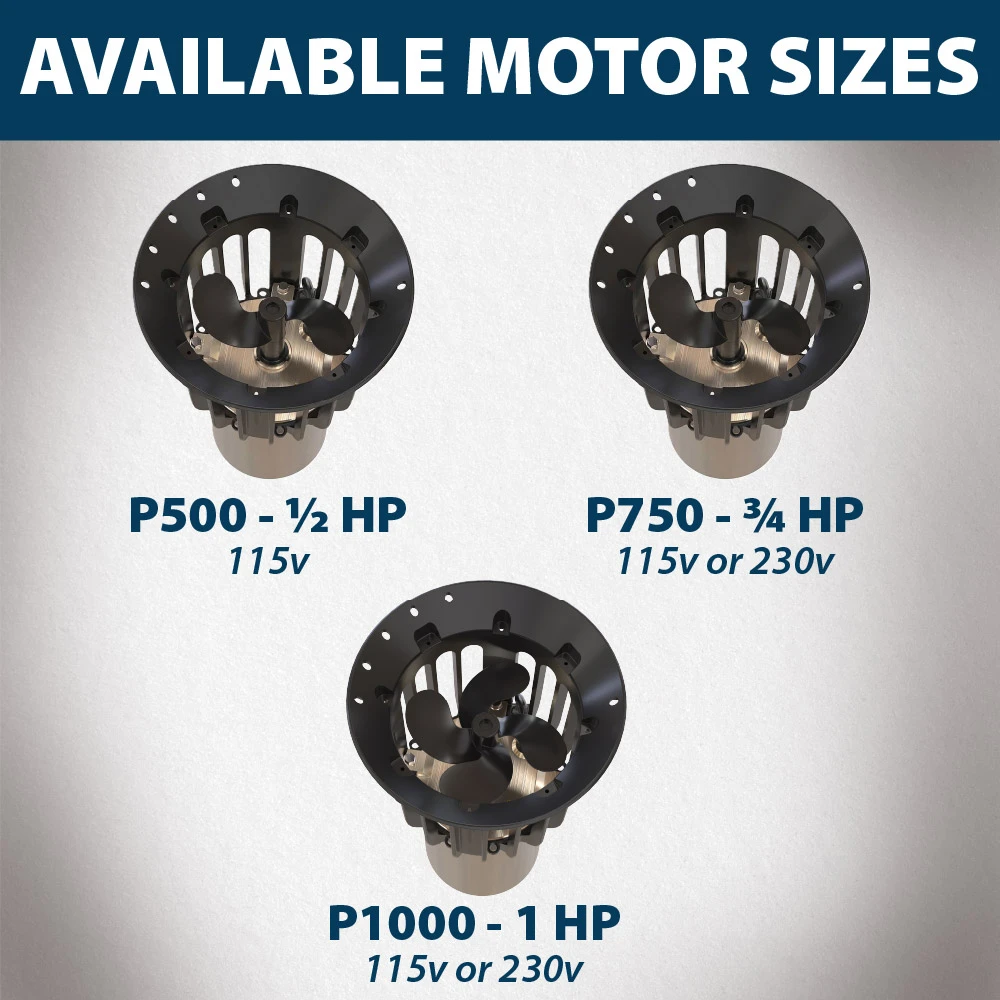Airmax Ice Eater motor size chart showing P500 1/2 HP, P750 3/4 HP, and P1000 1 HP models with available 115V and 230V power options.