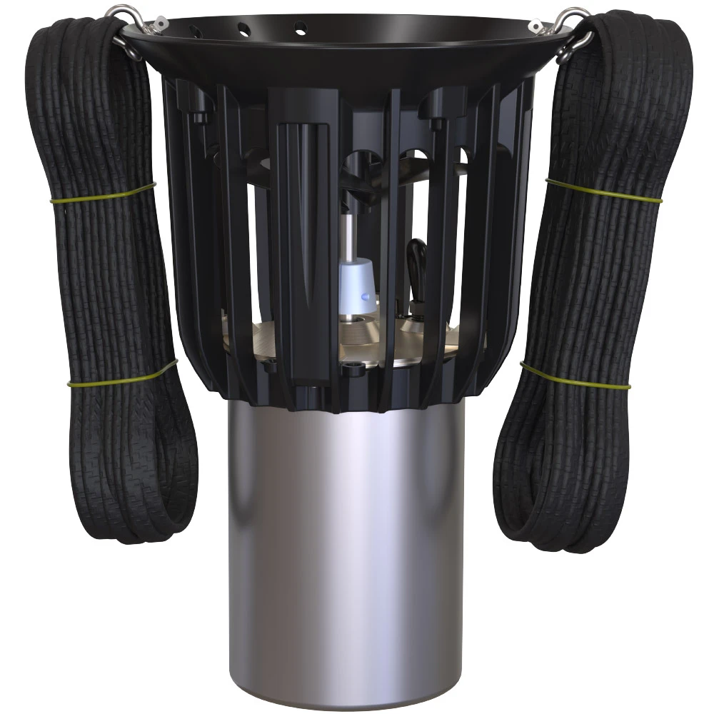 Front view of Airmax Ice Eater power unit with black protective cage, silver motor housing, and bundled mooring lines on both sides.