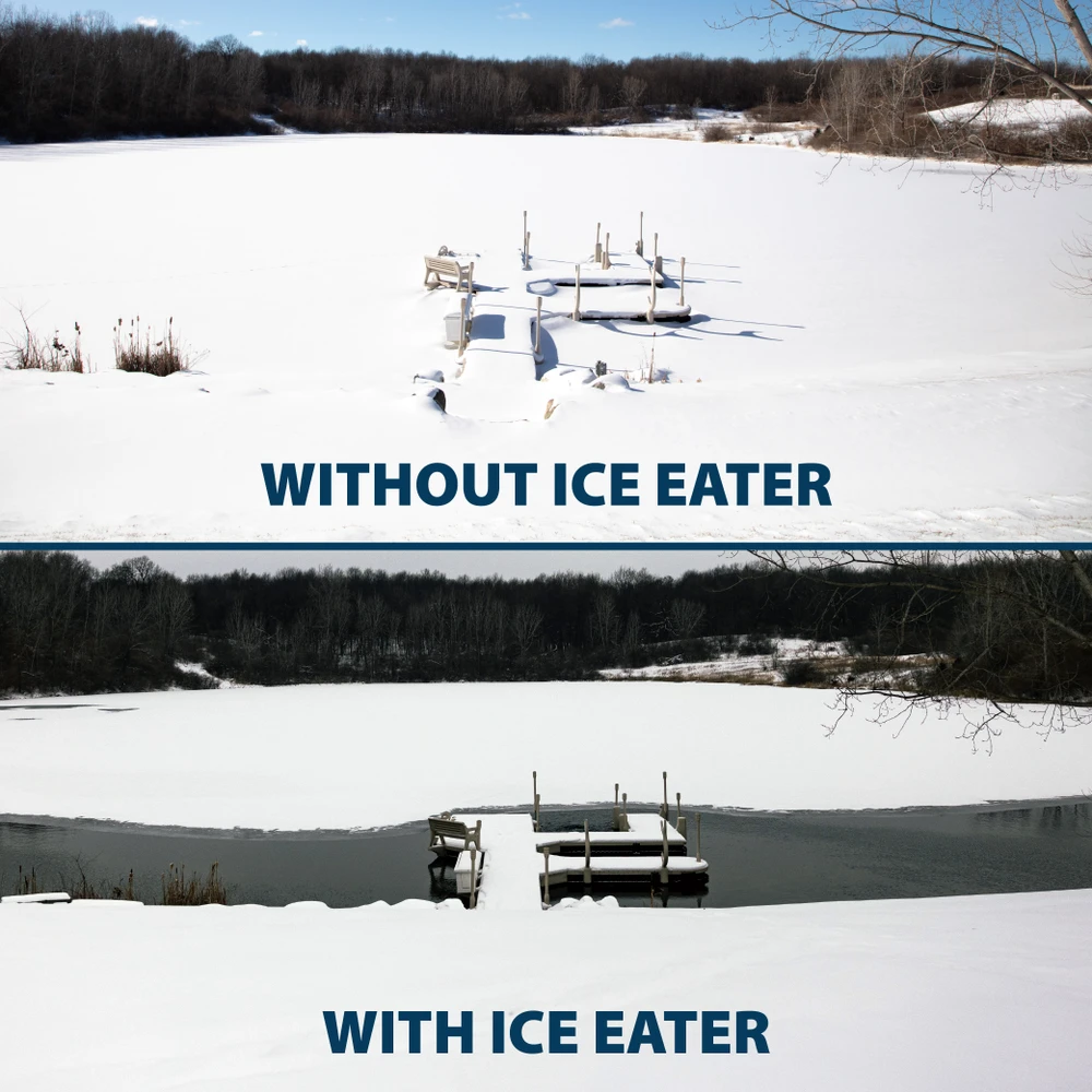 Before-and-after comparison of a snow-covered pond and dock, showing frozen water without an Airmax Ice Eater and open water with the unit operating.