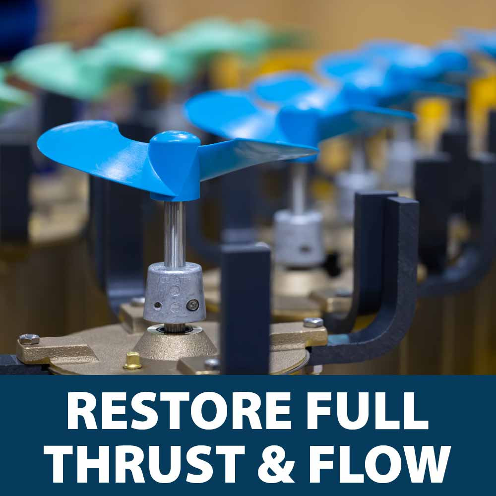 A line of assembled propellers, with text: “Restore full thrust & flow”.