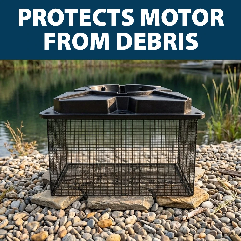 Power House protective motor cage shown beside a pond, helping block leaves and debris from reaching the floating aerator motor during use.