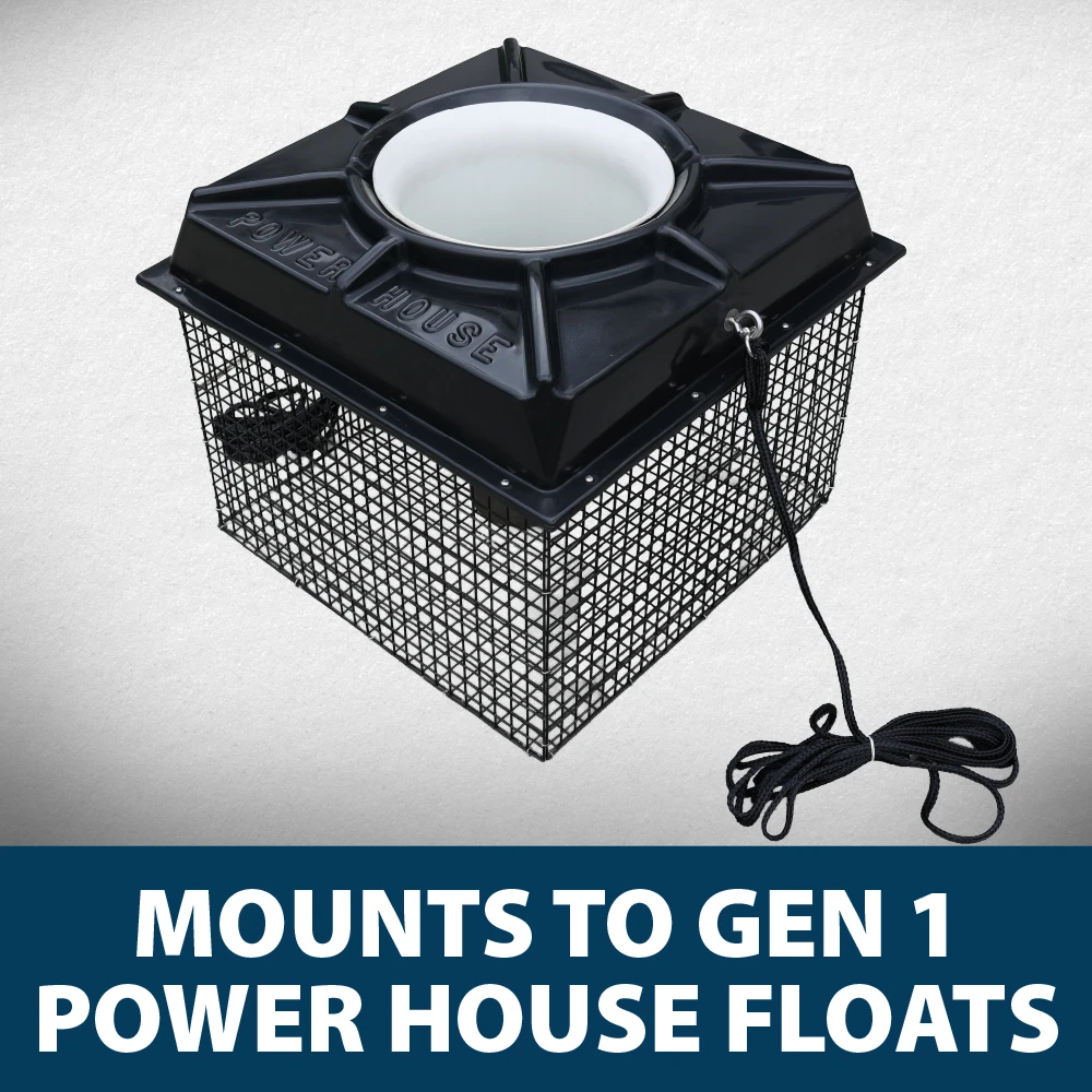 Power House Generation 1 float mounted to the black metal protective cage, with attached mooring rope shown against a white background.