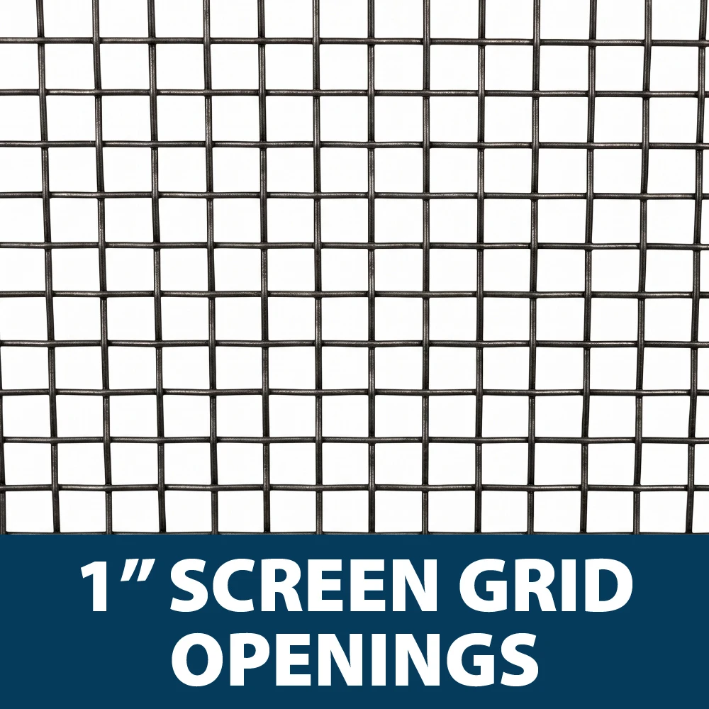 Close-up of the black metal protective cage screen showing 1-inch square grid openings designed to keep larger pond debris away from the motor.