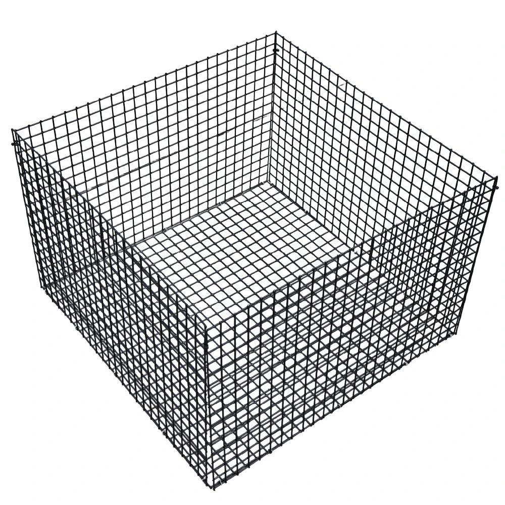 Black metal mesh protective cage with open top and square grid construction designed to surround a Power House floating aerator motor.
