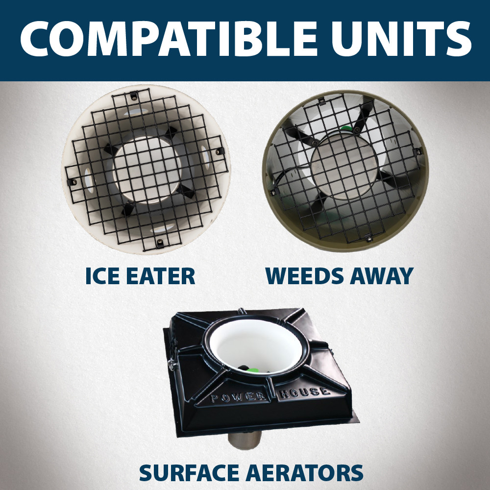 The screen installed on units, with text: “Compatible units: Ice Eater, Weeds Away, Surface Aerators”.
