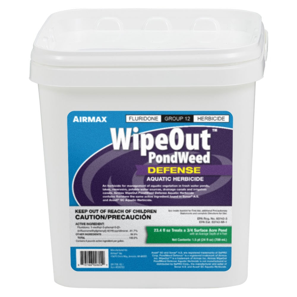 Airmax WipeOut PondWeed Defense in a white 24 oz tub with a purple and blue label (treats 3/4 acres).