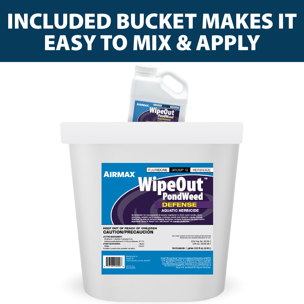 A WipeOut bottle emerging from the larger bucket, captioned “Included Bucket Makes it Easy to Mix & Apply”.