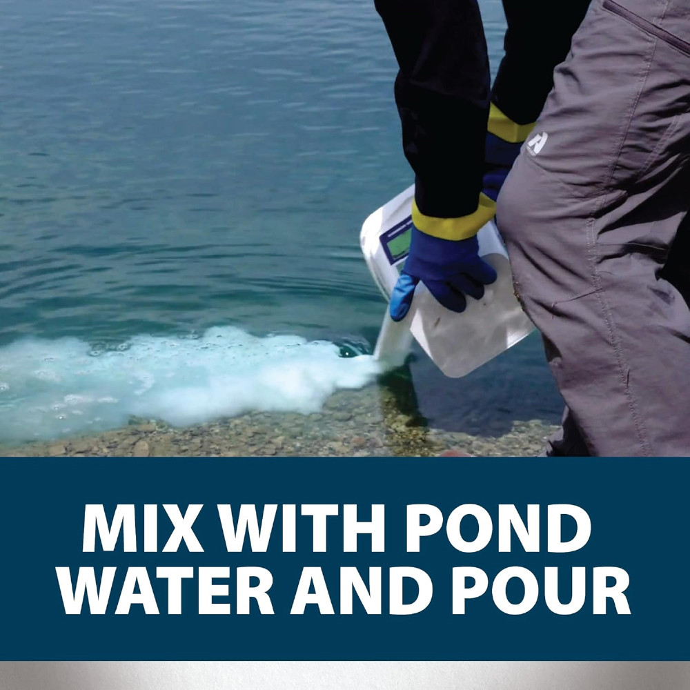 A person pouring WipeOut into a pond, captioned “Mix With Pond Water and Pour”.