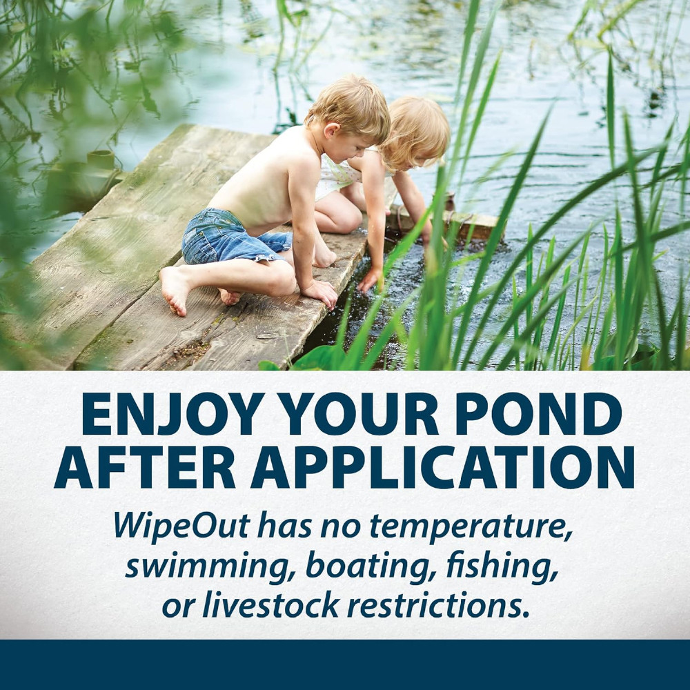 Kids playing on a dock, captioned “Enjoy Your Pond After Application - WipeOut has no temperature, swimming, boating, fishing, or livestock restrictions.”