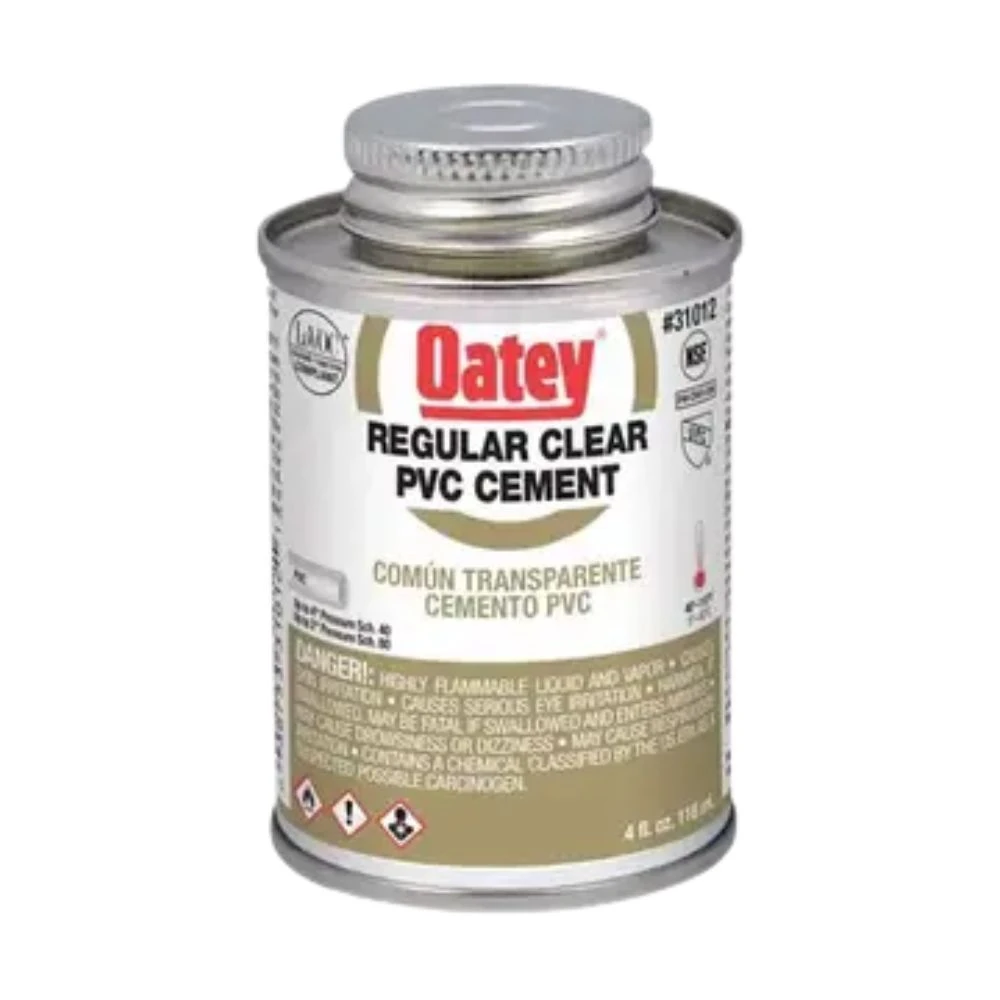 Oatey regular clear PVC cement 4 oz can with applicator lid, designed to create strong, watertight bonds for pond plumbing pipe connections
