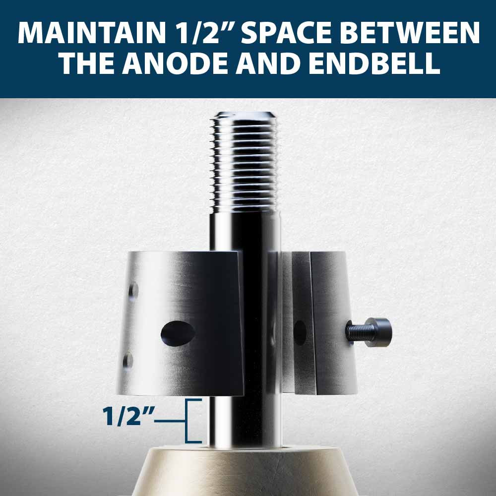 The aluminum anode installed, highlighting the half-inch gap, with text: “Maintain ½” space between the anode and endbell”.