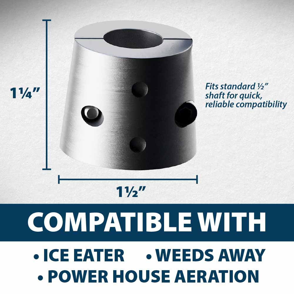 Anode labeled 1 ¼” high & 1 ½” diameter, with text: “Fits standard ½” shaft for quick, reliable compatibility – compatible with: Ice Eater, Weeds Away, Power House Aeration”.