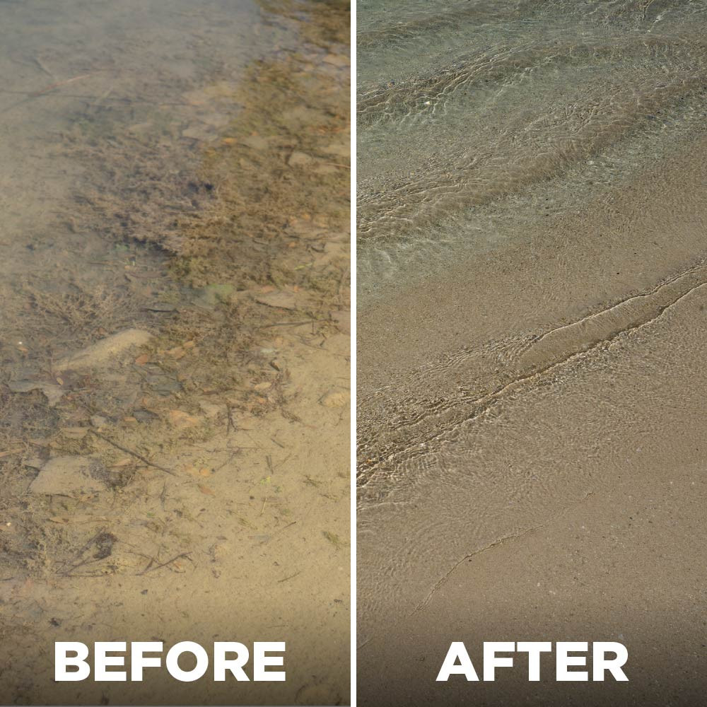 Before and after shoreline comparison showing murky, debris-filled lake bottom transformed into clean, clear sand after muck removal.
