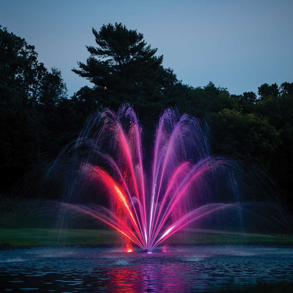 Kasco Mighty Oak Premium Nozzle Shown With RGBW Lights & Fountain