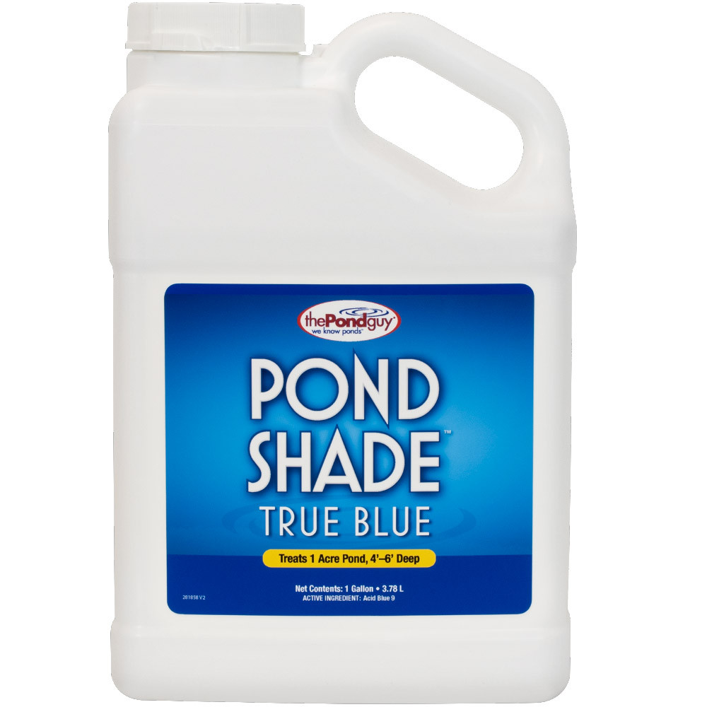 PondShade True Blue pond dye 1 gallon bottle designed to color pond water a deep blue shade while helping reduce sunlight penetration.