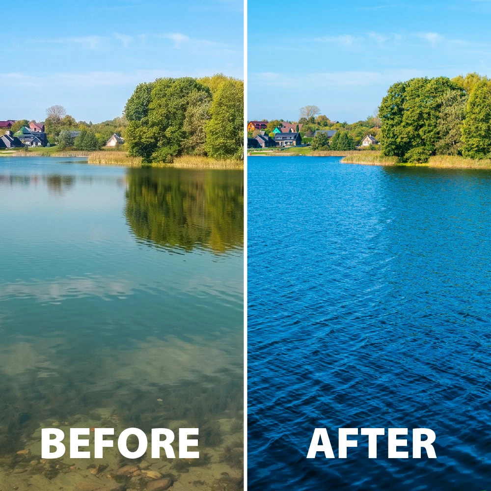 Split image showing pond water before and after dye application, highlighting darker blue water appearance after treatment.