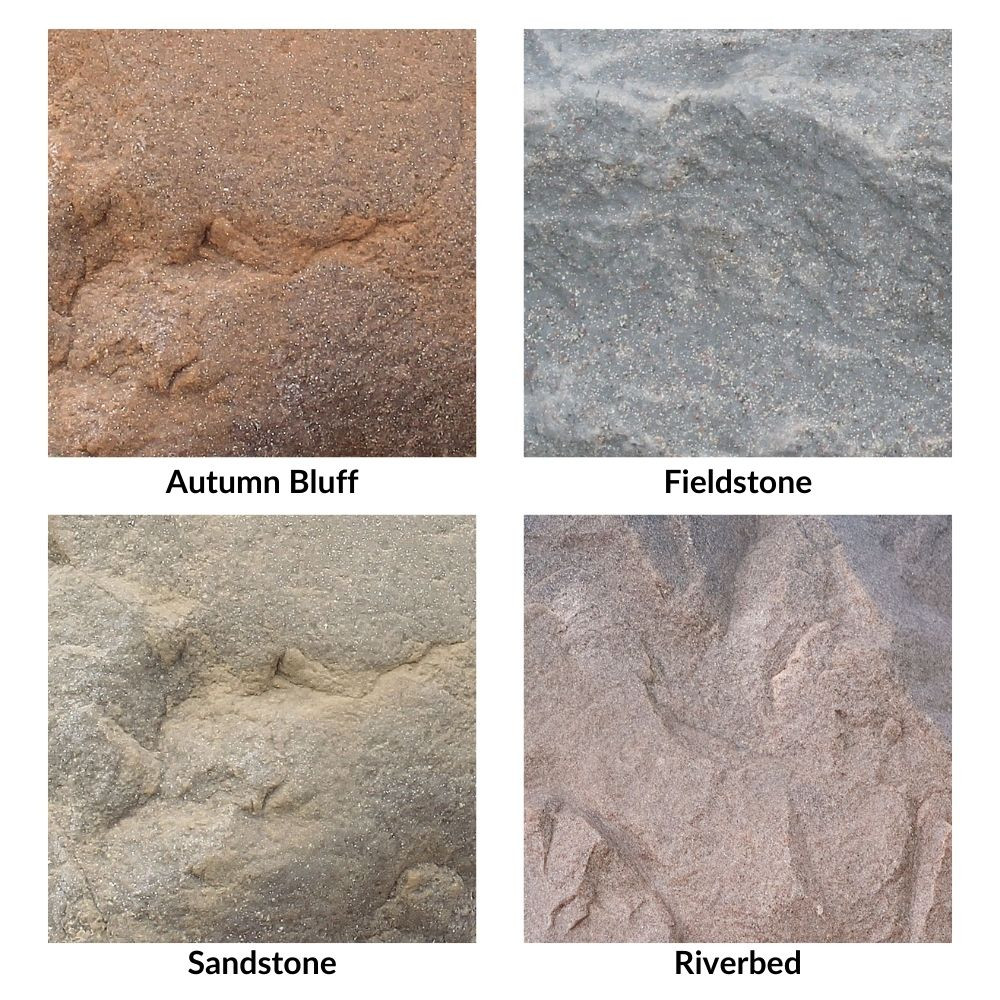 DekoRRa Model 101 Faux Rock color swatches – Fieldstone, Riverbed, Sandstone, & Autumn Bluff, showcasing a variety of natural stone-inspired finishes.