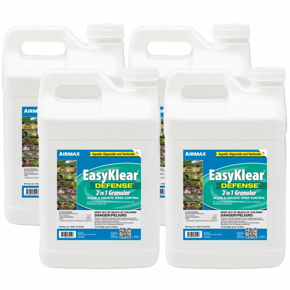 Airmax EasyKlear Defense 60-pound: 4x 15lb white jugs with blue and teal labels.