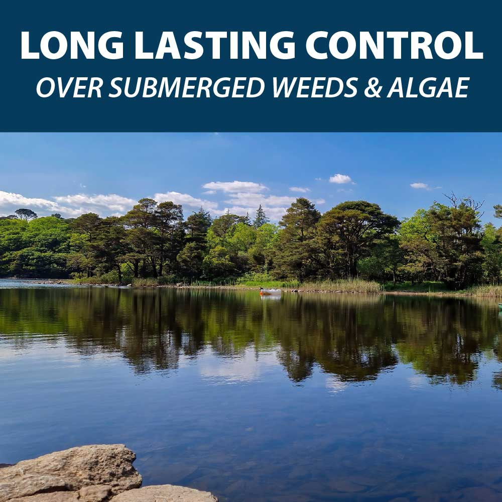 A pristine, tree-lined lake, with text: “Long-lasting control over submerged weeds & algae”.