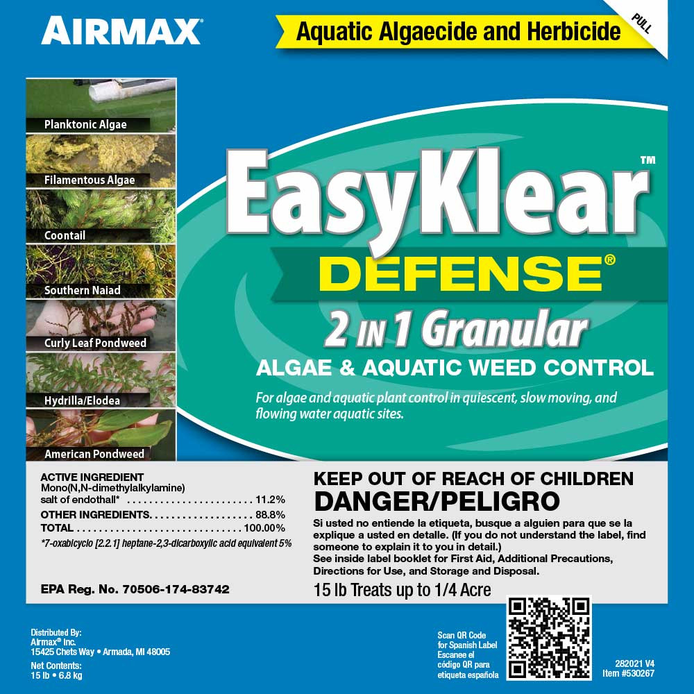 Airmax EasyKlear Defense 2-in-1 Algae & Aquatic Weed Control label. Active Ingredient: Salt of Endothall 11.2%