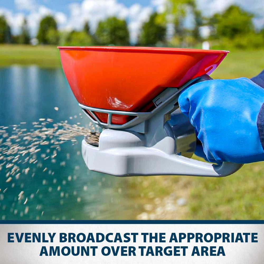 A person wearing gloves, spreading EasyKlear granules with a hopper, with text: “Evenly broadcast the appropriate amount over target area”.
