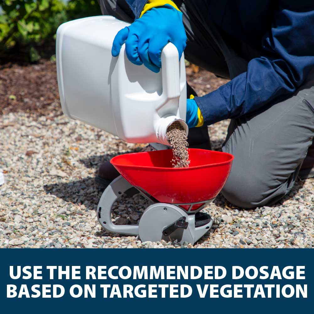 A person wearing gloves, pouring EasyKlear granules into a hopper, with text: “Use the recommended dosage based on targeted vegetation”.