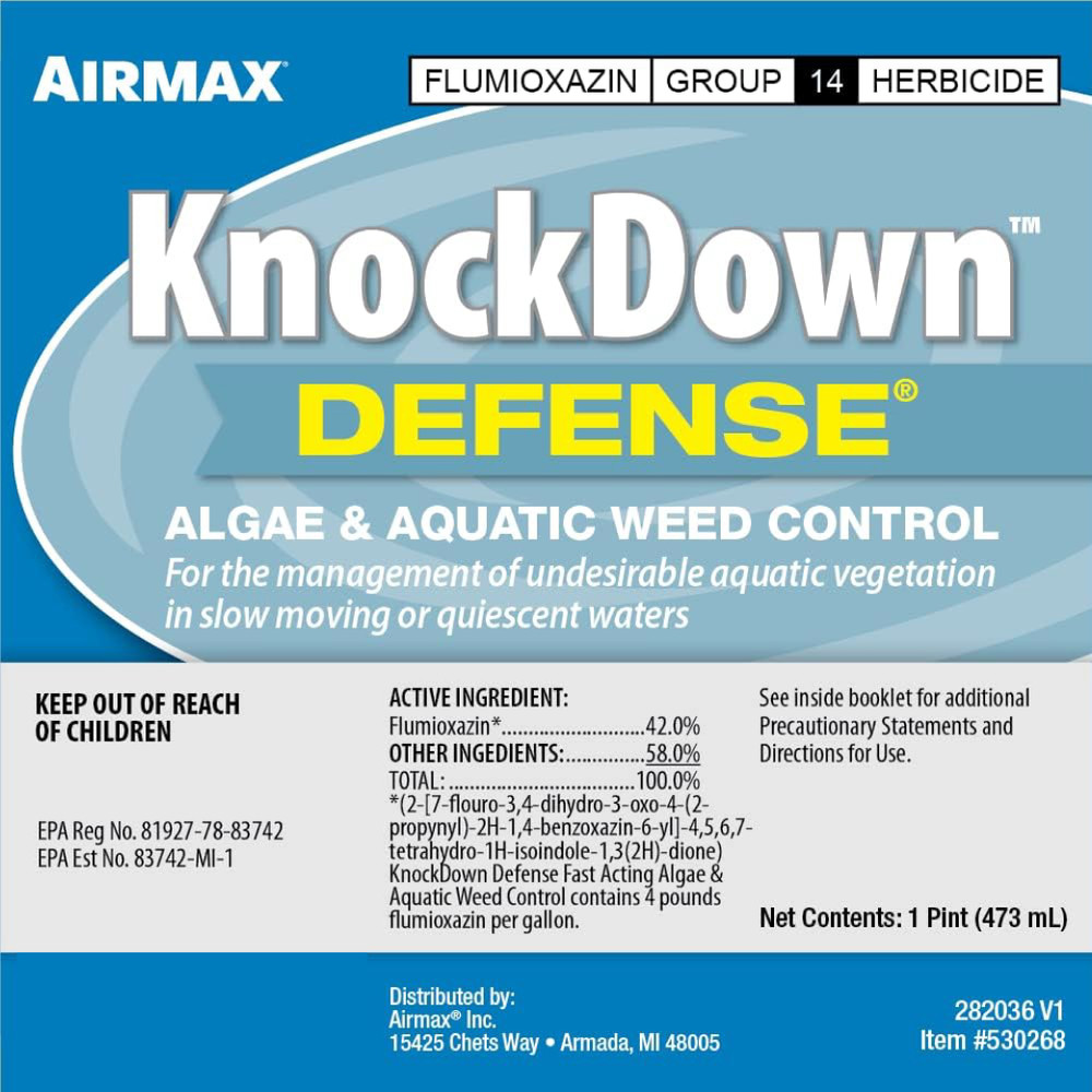 Airmax KnockDown Defense Algae & Aquatic Weed Control label. Active Ingredient: Flumioxazin 42%